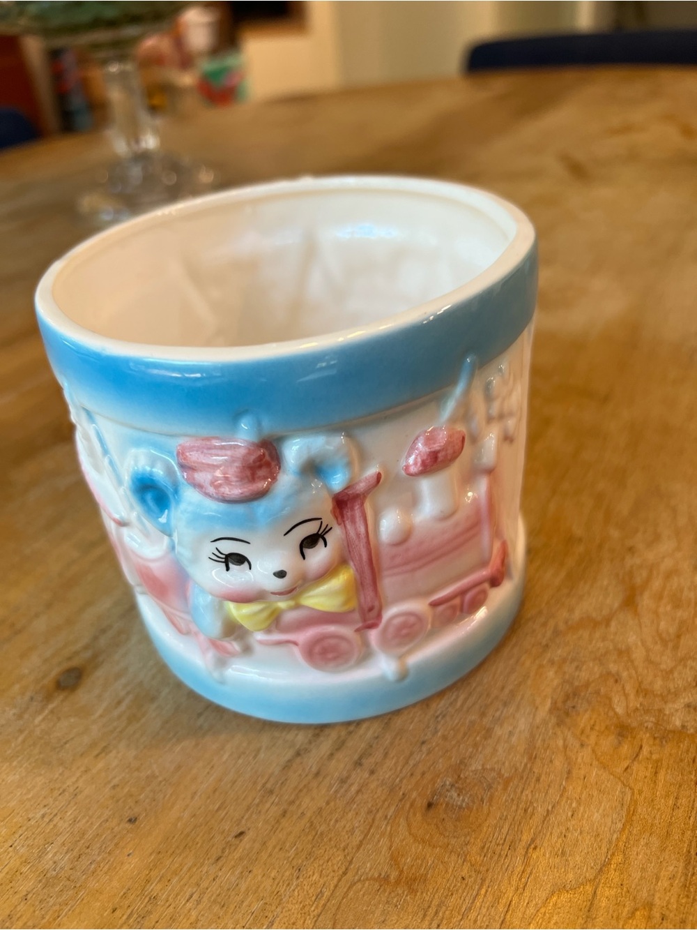 Pastel Blue and Pink Vintage Ceramic Nursery Vase with Train Motif